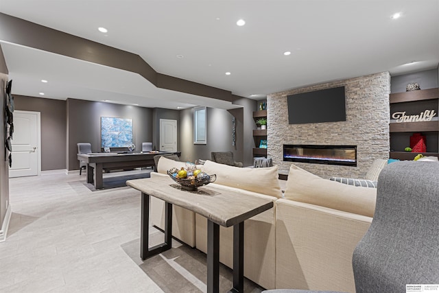 13303 Cuming St, Omaha, NE 68154 - living room featuring recessed lighting, a fireplace, baseboards, and light tile patterned flooring