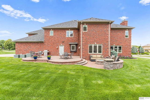 13303 Cuming St, Omaha, NE 68154 - back of house with a chimney, roof with shingles, a patio, and a yard