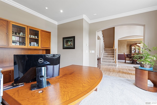 13303 Cuming St, Omaha, NE 68154 - home office with arched walkways, crown molding, recessed lighting, and wood finished floors