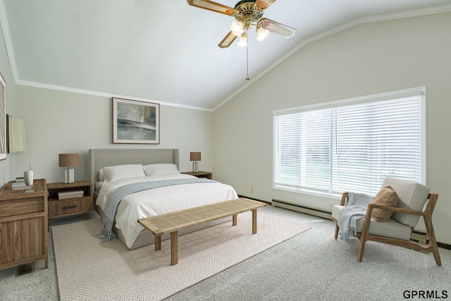 5617 S 93rd St, Omaha, NE 68127 - bedroom with lofted ceiling, light colored carpet, ornamental molding, baseboard heating, and a ceiling fan