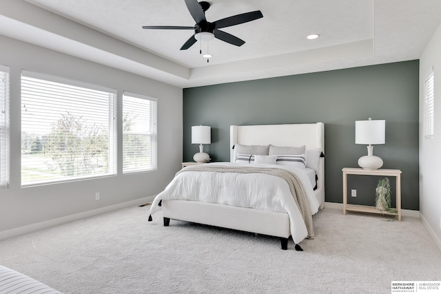 19920 Tyler St, Omaha, NE 68135 - bedroom with a raised ceiling, baseboards, light colored carpet, and a ceiling fan