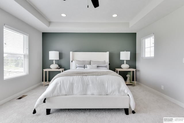 19920 Tyler St, Omaha, NE 68135 - bedroom with light colored carpet, a raised ceiling, baseboards, ceiling fan, and recessed lighting