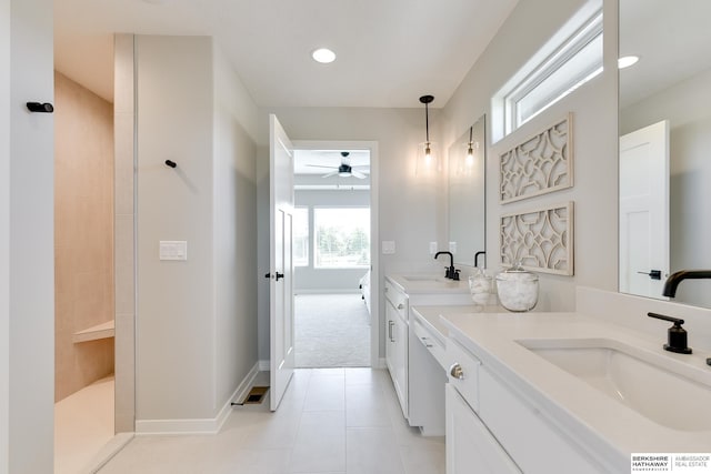 19920 Tyler St, Omaha, NE 68135 - full bath with ceiling fan, double vanity, a walk in shower, tile patterned flooring, and baseboards