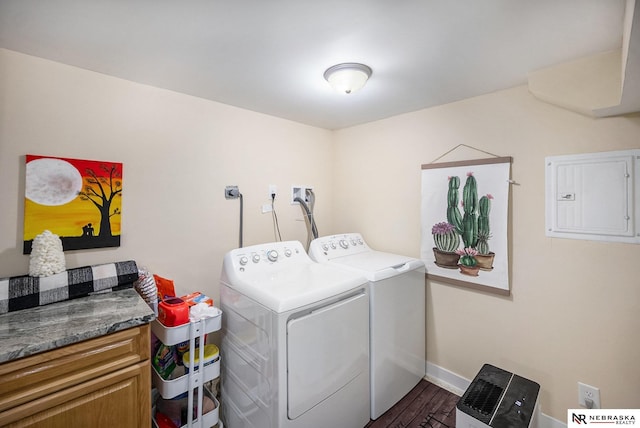 6021 Frederick St, Omaha, NE 68106 - laundry area featuring electric panel, washer and clothes dryer, baseboards, dark wood-style floors, and cabinet space
