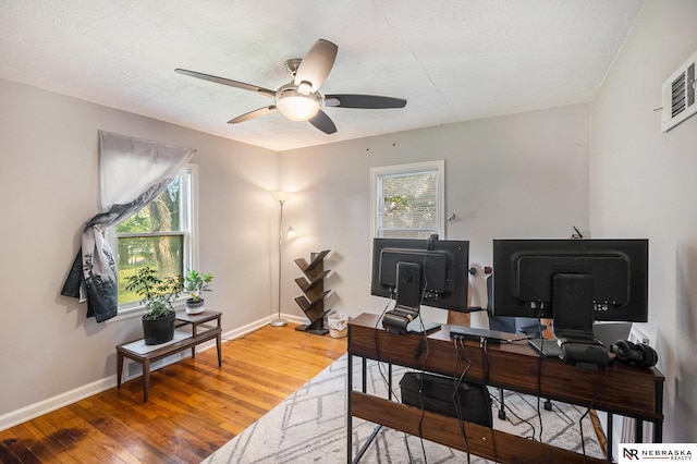 6021 Frederick St, Omaha, NE 68106 - home office featuring ceiling fan, wood finished floors, healthy amount of natural light, baseboards, and a textured ceiling
