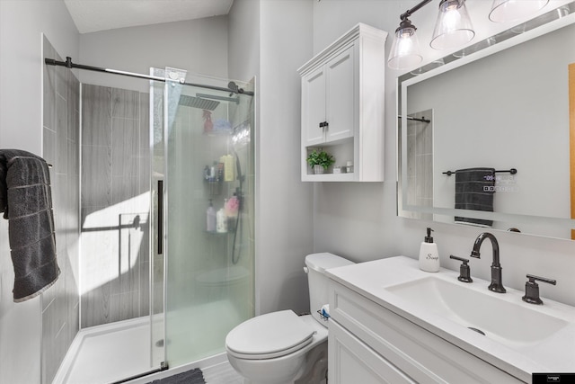 918 N 150th St, Omaha, NE 68154 - full bathroom featuring toilet, vanity, a shower stall, and lofted ceiling