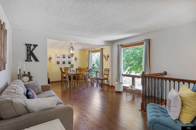 918 N 150th St, Omaha, NE 68154 - living area featuring wood finished floors, a chandelier, and a textured ceiling