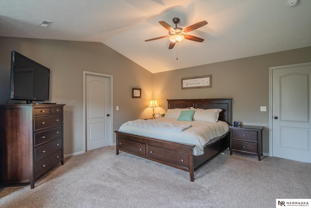 21313 Castlerock Ln, Gretna, NE 68028 - bedroom featuring vaulted ceiling, light colored carpet, ceiling fan, and baseboards