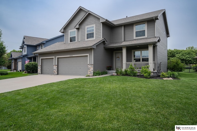21313 Castlerock Ln, Gretna, NE 68028 - view of front facade featuring a porch, a front yard, concrete driveway, a garage, and roof with shingles