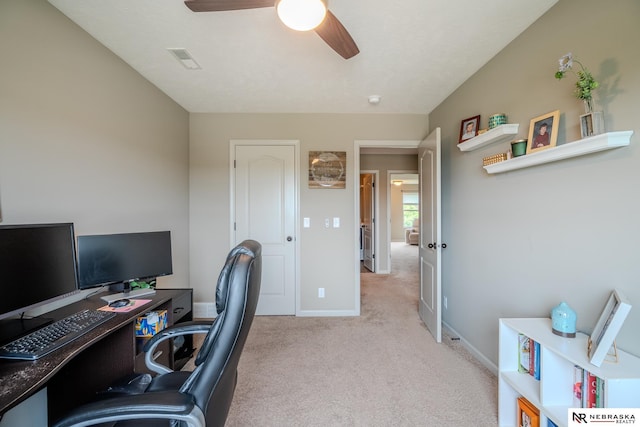 21313 Castlerock Ln, Gretna, NE 68028 - home office featuring light colored carpet, a ceiling fan, and baseboards