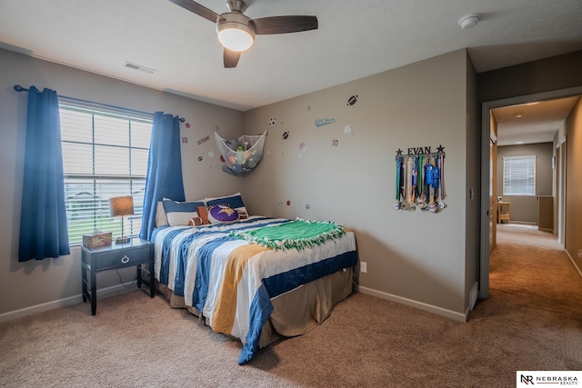21313 Castlerock Ln, Gretna, NE 68028 - bedroom with light carpet, multiple windows, baseboards, and a ceiling fan