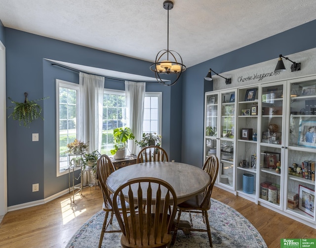 3902 Fox Ridge Dr, Bellevue, NE 68123 - dining space with a chandelier, plenty of natural light, a textured ceiling, wood finished floors, and baseboards