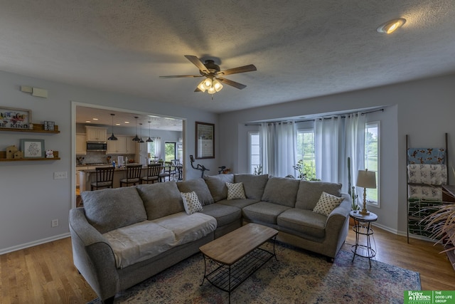 3902 Fox Ridge Dr, Bellevue, NE 68123 - living area featuring a ceiling fan, baseboards, light wood-style flooring, and a textured ceiling