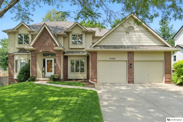 10428 Monroe St, Omaha, NE 68127 - view of front of house with a garage, brick siding, concrete driveway, a front lawn, and a shingled roof