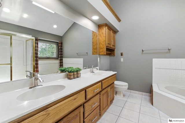 10428 Monroe St, Omaha, NE 68127 - full bath featuring a bath, toilet, double vanity, tile patterned flooring, and lofted ceiling