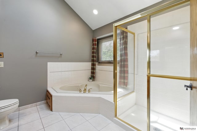 10428 Monroe St, Omaha, NE 68127 - full bathroom featuring lofted ceiling, toilet, a shower stall, tile patterned flooring, and a garden tub