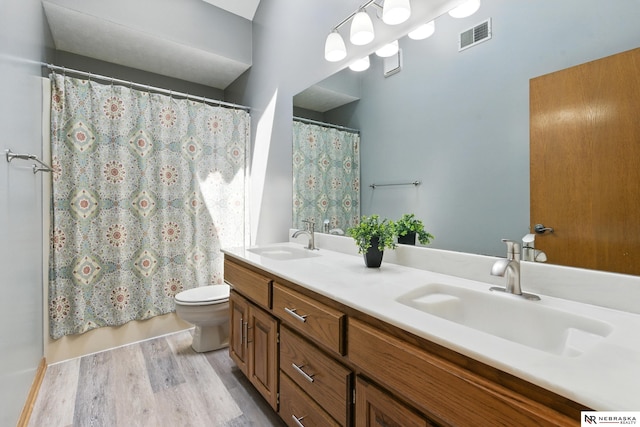 10428 Monroe St, Omaha, NE 68127 - bathroom featuring toilet, wood finished floors, double vanity, and curtained shower