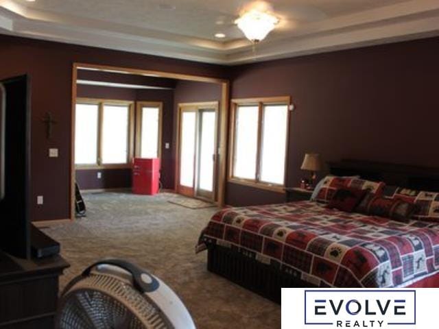 1599 S Main St Unit 7, Fremont, NE 68025 - carpeted bedroom featuring access to outside, a raised ceiling, and recessed lighting