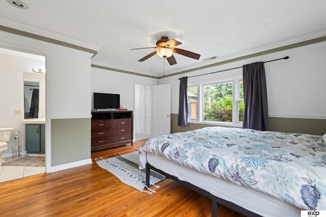 6772 Hamilton St, Omaha, NE 68132 - bedroom featuring light wood-style floors, ornamental molding, a ceiling fan, baseboards, and ensuite bathroom