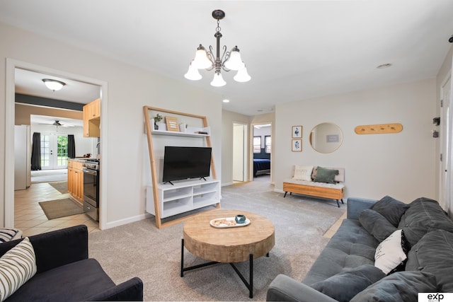6772 Hamilton St, Omaha, NE 68132 - living room featuring a chandelier, light colored carpet, baseboards, and ceiling fan