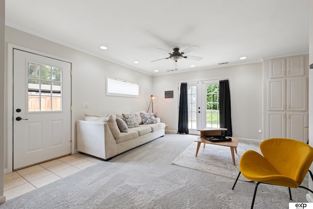 6772 Hamilton St, Omaha, NE 68132 - living area featuring recessed lighting, crown molding, ceiling fan, baseboards, and light tile patterned flooring