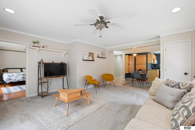 6772 Hamilton St, Omaha, NE 68132 - living room with light colored carpet, crown molding, a ceiling fan, and baseboards