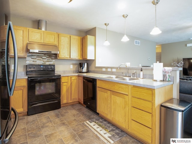 1715 Belford St, Lincoln, NE 68521 - kitchen featuring black appliances, ventilation hood, a peninsula, a sink, and light countertops