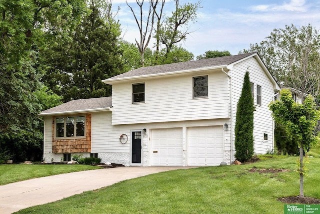 2833 S 107th St, Omaha, NE 68124 - tri-level home with driveway, an attached garage, a front yard, and a shingled roof
