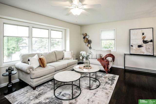 2833 S 107th St, Omaha, NE 68124 - living room with baseboards, ceiling fan, and dark wood finished floors