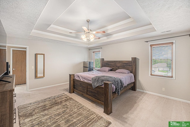 2231 Crystal Creek Dr, Papillion, NE 68046 - bedroom with light colored carpet, baseboards, a tray ceiling, crown molding, and a textured ceiling