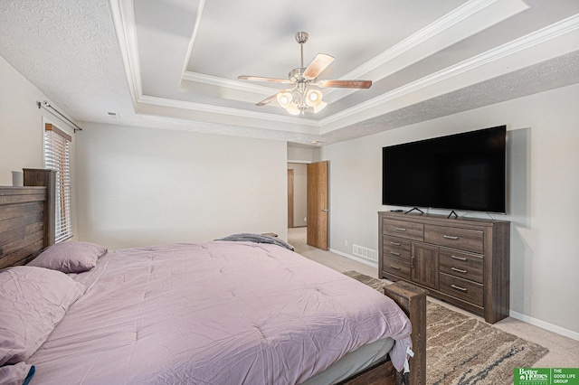 2231 Crystal Creek Dr, Papillion, NE 68046 - bedroom with light carpet, a tray ceiling, ornamental molding, a ceiling fan, and baseboards