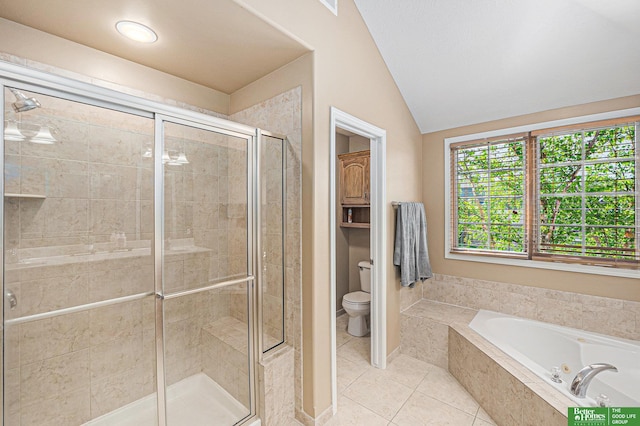 2231 Crystal Creek Dr, Papillion, NE 68046 - bathroom featuring toilet, a whirlpool tub, a stall shower, lofted ceiling, and tile patterned floors