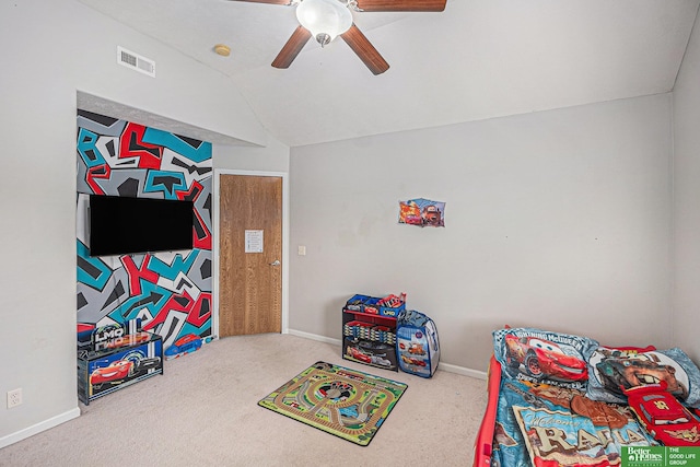 2231 Crystal Creek Dr, Papillion, NE 68046 - carpeted bedroom with vaulted ceiling, baseboards, and ceiling fan