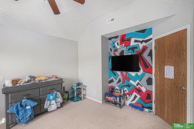 2231 Crystal Creek Dr, Papillion, NE 68046 - game room featuring carpet, vaulted ceiling, ceiling fan, and baseboards