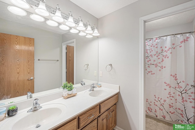 2231 Crystal Creek Dr, Papillion, NE 68046 - full bath featuring double vanity, tile patterned flooring, and a shower with shower curtain