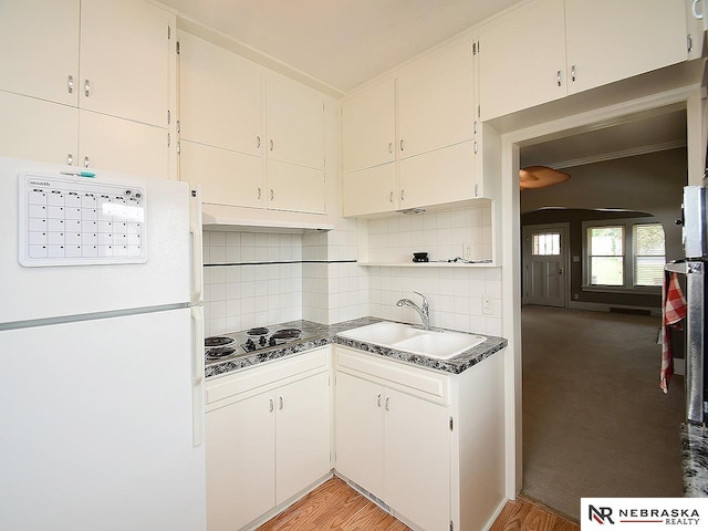 4540 S 41st St, Omaha, NE 68107 - kitchen featuring freestanding refrigerator, a sink, under cabinet range hood, tasteful backsplash, and electric cooktop
