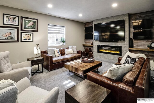 1809 S 220th Ave, Omaha, NE 68022 - living room with a fireplace, carpet floors, recessed lighting, and built in shelves