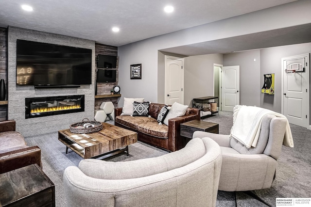 1809 S 220th Ave, Omaha, NE 68022 - living room featuring carpet flooring, recessed lighting, and a large fireplace