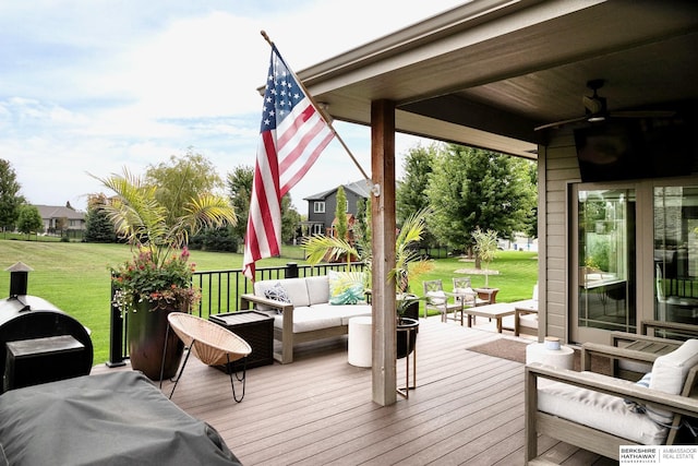 1809 S 220th Ave, Omaha, NE 68022 - wooden terrace with ceiling fan, an outdoor living space, and a yard