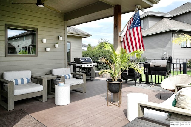 1809 S 220th Ave, Omaha, NE 68022 - wooden terrace with a grill and a ceiling fan