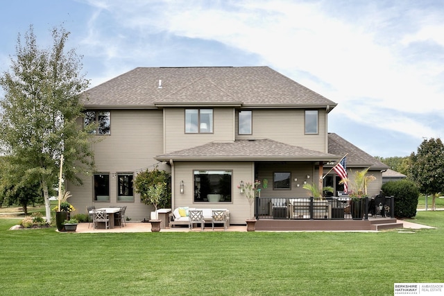 1809 S 220th Ave, Omaha, NE 68022 - rear view of house with a lawn, outdoor lounge area, a patio area, and a shingled roof