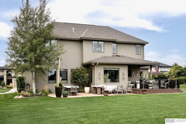 1809 S 220th Ave, Omaha, NE 68022 - back of house with a patio area, a yard, roof with shingles, and an outdoor living space