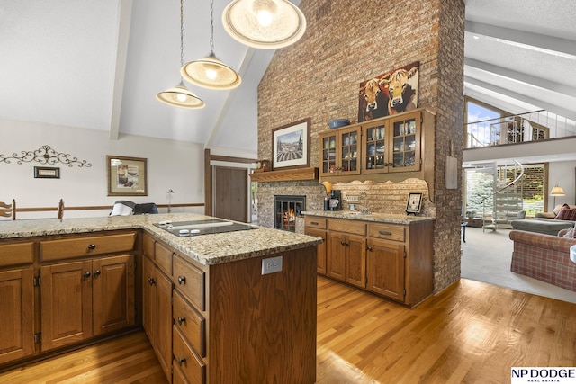 2723 Eagle Dr, Fremont, NE 68028 - kitchen with high vaulted ceiling, open floor plan, black electric cooktop, light wood-style floors, and brown cabinetry