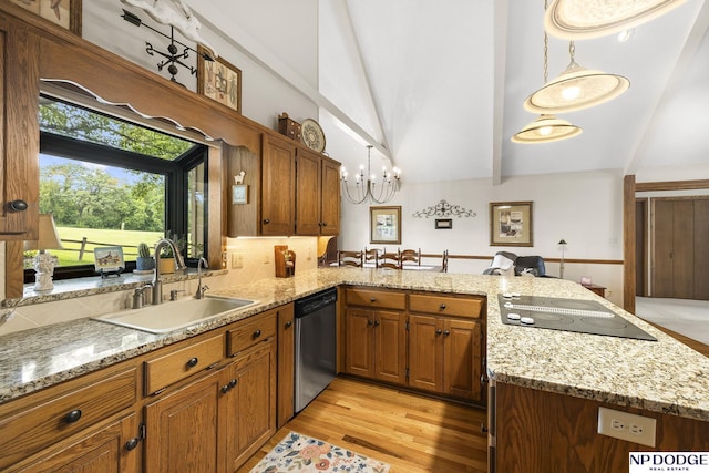 2723 Eagle Dr, Fremont, NE 68028 - kitchen featuring a sink, stainless steel dishwasher, black electric stovetop, a peninsula, and brown cabinets