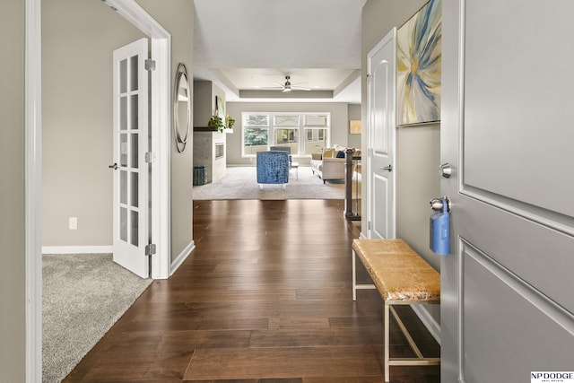 15301 Kansas Ave, Omaha, NE 68116 - entrance foyer with a raised ceiling, a ceiling fan, a fireplace, dark wood-style floors, and baseboards