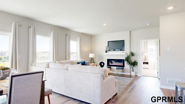 8520 S 179th St, Omaha, NE 68137 - living room with a glass covered fireplace, wood finished floors, baseboards, and recessed lighting