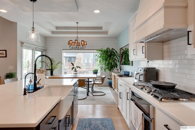11511 S 190th St, Gretna, NE 68028 - kitchen featuring custom range hood, a tray ceiling, light wood-type flooring, light countertops, and stainless steel appliances