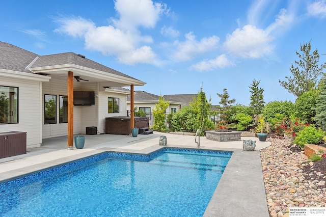 11511 S 190th St, Gretna, NE 68028 - outdoor pool featuring a covered hot tub, a patio area, a ceiling fan, and a fire pit