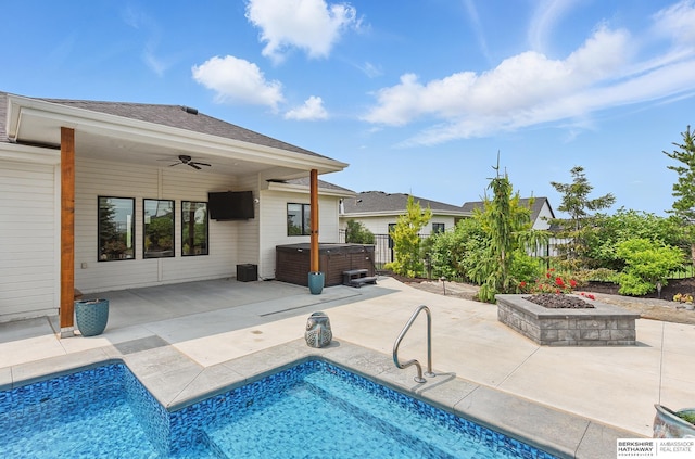 11511 S 190th St, Gretna, NE 68028 - view of swimming pool featuring a hot tub, a ceiling fan, and a patio area