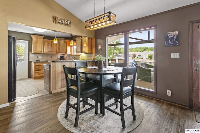 S-44 Poehling Ln, Fremont, NE 68025 - dining area with lofted ceiling, dark wood finished floors, and baseboards